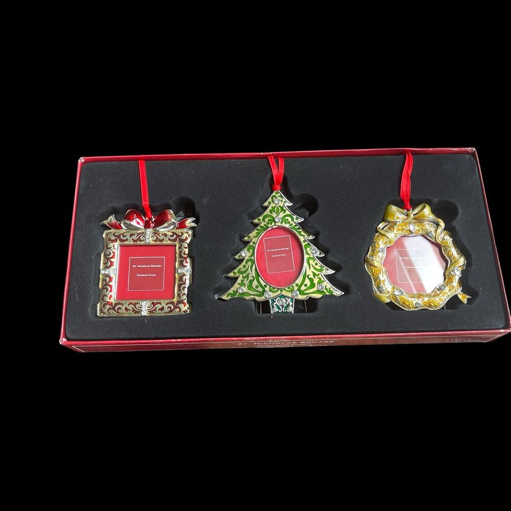 Vtg. NIB Set Of 3 Enamel Metal Frame Christmas Ornaments Tree Wreath Gift Box